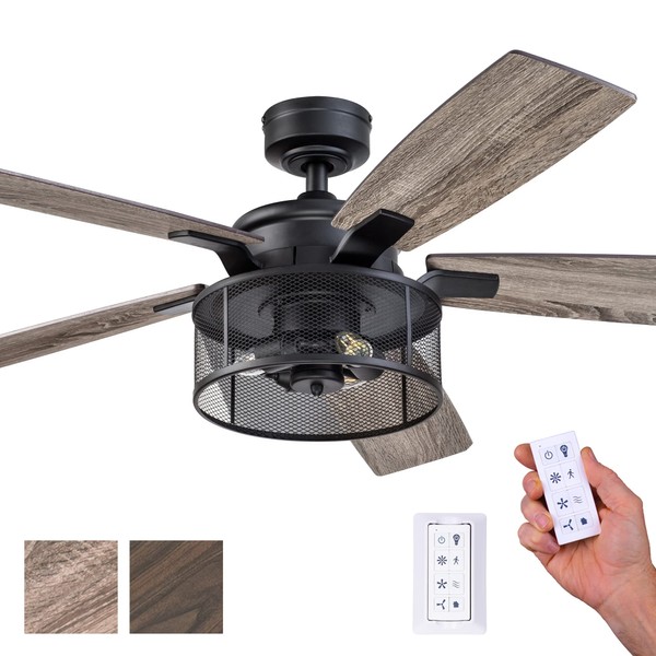 Honeywell Ceiling Fans Carnegie, 52 Inch Industrial LED Ceiling Fan with Light and Remote Control, Dual Mounting Options, Dual Finish Blades, Reversible Motor - 50614-01 - (Matte Black)