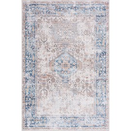 Bloom Rugs Caria Washable Non-Slip 4x6 Rug - Beige/Ocean Blue Traditional Area Rug for Living Room, Bedroom, Dining Room, and Kitchen - Exact Size: 4' x 6'