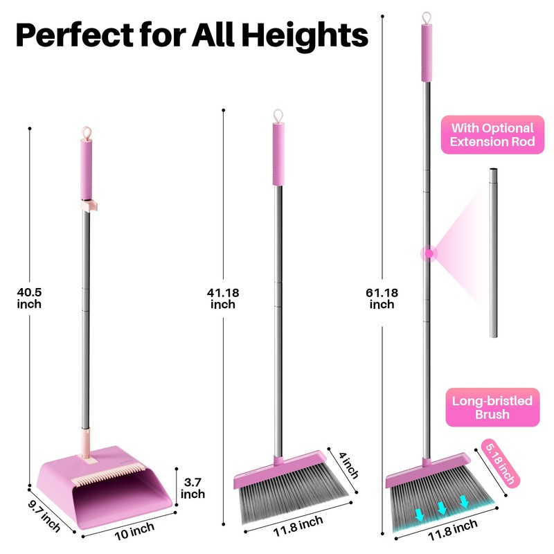 JOYMOOP Pink Broom and Dustpan Set, Upright Angle with Built-in