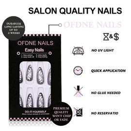 Ombre Press on Nails Medium Almond OFDNE Black White Fake Nails False Nails with Designs Silver Leaves Full Cover Glossy Glue on Nails Stick on Nails Acrylic Nails for Women Girls 24 Pcs
