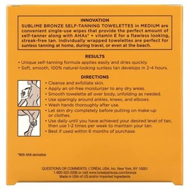 L'Oreal SUBLIME BRONZE Self-Tanning Towelettes For Body Medium Natural Tan 6 Each (Pack of 9)