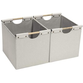 HOONEX Large Foldable Storage Bins, Linen Fabric, 2 Pack, with Wooden Carry Handles and Sturdy Heavy Cardboard, for Home, Office, Car, Nursery, Beige