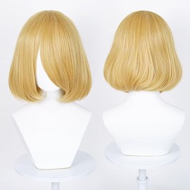 KiyaCos 35cm Blonde Short Women Straight Cosplay Wig BOB Style Synthetic Party Wig with Long Bangs
