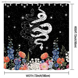 Namdeva Funny Black and White Snake Shower Curtain, Starry Sky Star Colorful Wildflower Floral Green Plant Mysterious Gothic Witchy Bathroom Decor, Waterproof Fabric Black Shower Curtain, 72 X 72 Inch