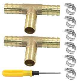 Seimneire 2 Pcs 3/8" Brass Tee Barb Fittings with 6 pcs Stainless Steel Pipe Clamps, 3 Way T Shape Union Intersection Hose Barb Splicer for Water/Fuel/Air