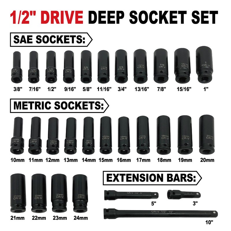 GOSWIFT 29pcs 1/2" Drive Impact Socket Set, Deep & Standard