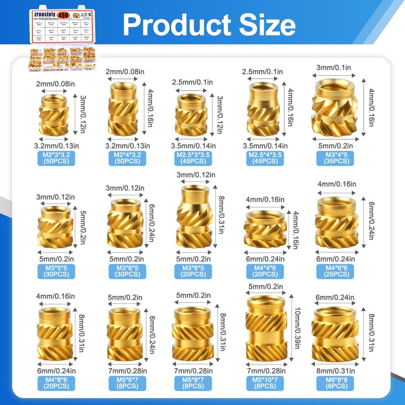 400 Pcs Zruosiniy Premium Brass Threaded Inserts Kit, M2 M2.5