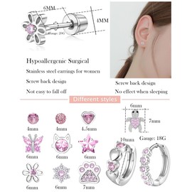 Akeoqi 12 Pairs Stainless Steel Screw Back Stud Earring for Women 20G Huggie Hoop Earring Pink Multicolored CZ Heart Star Butterfly Flower Ball Cat Shape Screwback Cartilage Earring Silver Tone 10mm,