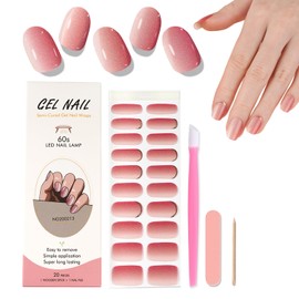 WOKOTO Semi Cured Gel Nail Strips, 20 Pcs Pink Gradient Glitter Semi Cured Gel Nail Stickers Full Nail Wraps With Nail File & Wood Stick, UV Light Required, Salon Quality, Easy to Apply&Remove