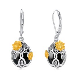StoryMidir Sunflower Earrings for Women 925 Sterling Silver Black Onyx Sunflower Hoop Earrings Sunshine Pendant Jewellery Gifts, Sterling Silver
