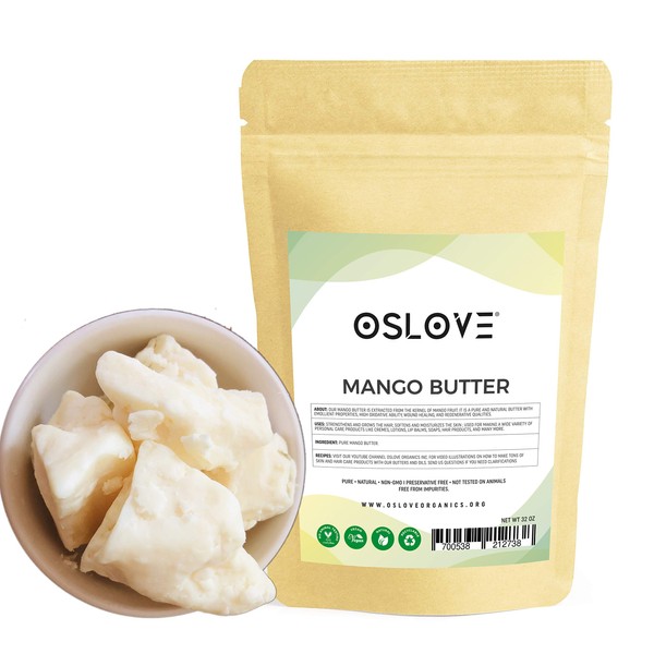 Mango Butter 2 LB by Oslove Organics -Pure, Natural, Hand -packed, Fresh & Fluffy in DIY mixes | Obtained from Mango seeds | Use for DIY leave in conditioner, Salves, Body Butter, Lotions & Soaps