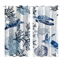 weesire Nautical Coastal Curtains Decorative Beach Ocean Coral 50% Light Blocking Sea Darkening Grommet Curtain for Villa Living Room, Bedroom Navy Blue and White 2 Panels Set, 52x96 Inches