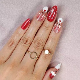 24Pcs Christmas Press on Nails Red Cat Eye Medium Almond Fake Nails with Santa Claus Design Elk Glue on Nail Snowflakes False Nail Press ons Reusable Christmas Nails for Women Girls Manicure