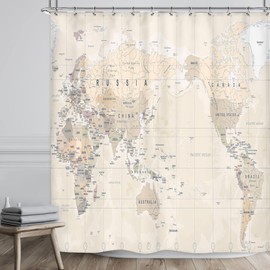 Riyidecor World Map Shower Curtain Travel Educational Vintage Geography Beige Retro Countries Capital The Earth Decor Bathroom Fabric Set Polyester Waterproof Fabric 72Wx72H Inch 12 Pack Plastic Hooks