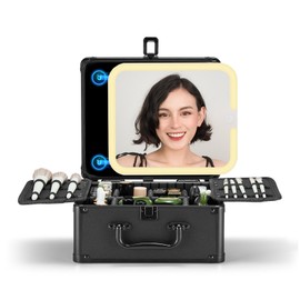 OMIRO Makeup Case, Travel Makeup Bag with Light Up Mirror Set, Makeup Organizer Box with Magnet Travel Makeup Mirror for Women (Black)