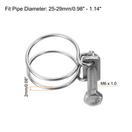 sourcing map 10Pcs Double Wire Hose Clamp, 25-29mm Adjustable Stainless Steel Wire Hose Clips with M6 Bolt for Dust Collection Hose, Pump Hose Pipe