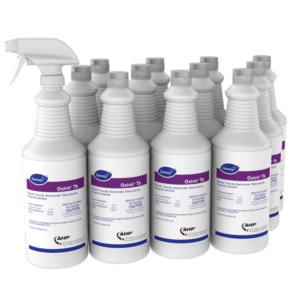 Oxivir Diversey 4277285 Tb Disinfectant Cleaner, Accelerated Hydrogen Peroxide, Ready-to-Use, 32-Ounce (Pack of 12 Capped Bottles + 1 Reusable Spray Nozzle)