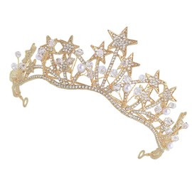 Minkissy Headbands Styling Accessories Rhinestone Pearl, Crystal Star Tiara with Pearl Decor Bridal Hair Pieces for Wedding Party (Golden) Women's Fashion Hair