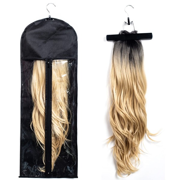 1 Pack Extra Long Hair Extension Holder Wig Storage Bag with Hanger Hairpieces Ponytail Bundles Storage Carrier Case for Store Style Hair Travel Hair Extensions Bag Black Color