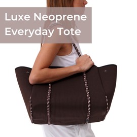 POPUPS Large Neoprene Tote Bag for Women - Everyday Designer Handbag for Travel Work and Beach with Pockets and Zipper Pouch (Espresso)