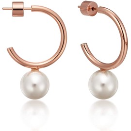 Hoop Earrings for Women: 18k Rose Gold Plated S925 Hypoallergenic Sterling Chunky Open Hoop Earring with 10mm Simulated Pearl