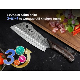 SYOKAMI Cleaver Chef Knife with Herb Stripper, 7" Asian Kitchen Knife 3-in-1 Combined with Chef's Knife, Santoku, Nakiri for Slicing, Chopping, Dicing, Mincing, Housewarming Birthday Cooking Gifts