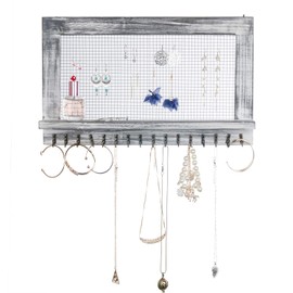 canwedance Rustic Wood Jewelry Organizer Wooden Wall Mounted Jewelry Holder with Shelf and 16 Hooks,Display for Earrings, Necklaces, Bracelets (Grey White)