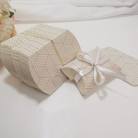 UPSTORE 50 Pack Mini Pillow Candy Box Kraft Paper Small Gift Boxes with Ribbon for Wedding Party Favor Jewelry Soap Packaging (Gold Stripes)