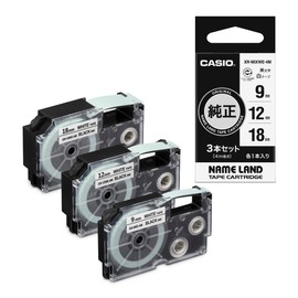 Genuine Casio Nameland Label Writer Tape 0.3 inch (9 mm), 0.57 inch (12 mm), 0.7 inch (18 mm), 3 Pack XR-MIXWE-4M White with Black Letters