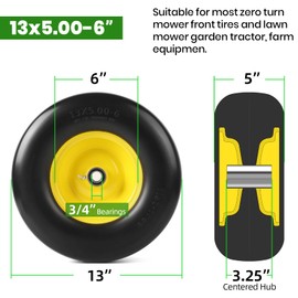 AR-PRO 13x5.00-6 Flat Free Tire and Wheel, Relacement 13x5-6 Solid Smooth Tread Tire with Rim for Garden Tractor Riding Lawn Mowers, 3.25"-5.5" Centered Hub and 3/4" Bearings extra 5/8" (2-Pack)