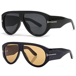 Trendy Retro Oversized Aviator Sunglasses for Women Men–70s Classic Thick Frame Shades with UV400 Protection 8063 Black+Black/Brown