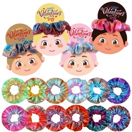 XunYee 24 Pcs Valentines Day Gifts 12 Hair Scrunchies Tie Dye Velvet Scrunchies 12 Valentines Exchange Gift Cards for Party Favors Goody Bag Filler(Metallic Color)