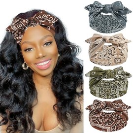 FULZTEY Bow Headbands for Women Wide Vintage Large Headwrap Elastic Non Slip Workout Sports Head Band Knotted Thick Turban Cotton Bandanas for Hair Accessories 4Pcs