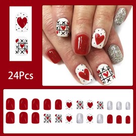 Short Press on Nails Square Valentines Fake Nails Silver Glitter Acrylic Nails Valentines Glue on Nails Press ons Red Full Cover Glossy Acrylic False Nails Valentine's Stick Nails for Women