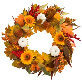 22 Inch Fall Wreath for Front Door - Artificial Maple Leaf Wreath with Pumpkin & Chrysanthemum, Thanksgiving Farmhouse Wreaths for Indoor Outdoor Door Wall Decor