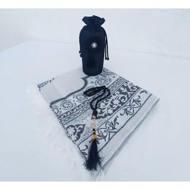 Satin slub Portable Prayer Rug Set|Prayer Mat Travel Bag and Prayer | Eid, Umrah Gift Set| Janamaz| SajadahHajj, (Black)
