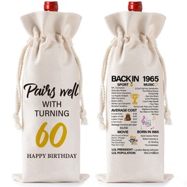 Happy Birthday Wine Bag Gift - Funny Burlap 60th Red Wine Bottle Bag Gifts for Women Men, Ideas 1965 Present with Drawstring for 60 Years Old Birthday Party Decoration