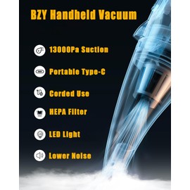 BZY Handheld Vacuum Cleaner Cordless Rechargeable 17500Pa Strong Suction Small Handheld Vacuum with LED Light Portable Car Vacuum Cleaner with Multi-Nozzles & Washable Filter 35Min for Car Home Pet