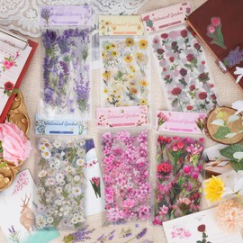ANZOBEN Seal Collage Material, Flowers, Large Capacity, Approximately 666 Assorted Stickers, Flake Stickers, PET, Translucent, Cherry Blossoms, Sunflower, Cute, Notebook Sticker Set, Waterproof Seal,