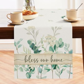 Bonhause Eucalyptus Leaves Table Runner 13x90 Inch Green Plants White Flowers Spring Summer Seasonal Holiday Kitchen Dining Table Decoration for Indoor Outdoor Home Party Decor