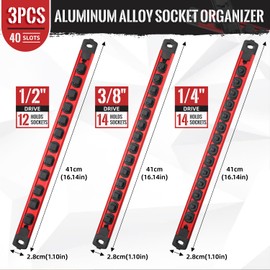 Reniteco Magnetic Socket Organizer, 3-Piece Heavty Duty Aluminum Socket Holder, Socket Rail for Tool Box, Premium Quality 360° Swivel Socket Rack Kit with 40 Clips for 1/2, 3/8, 1/4-Inch(Red)