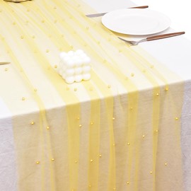 Joanlody Spring Summer Pearl Table Runner 10ft Rustic Boho Tulle Table Runner with Pearls for Baby Shower Wedding Party Veil Dessert Table Decor Yellow