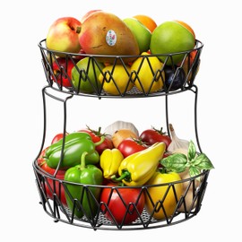 2 Tier Fruit Basket Countertop Fruit Vegetable Basket Bowl for Kitchen Counter Metal Wire Storage Basket Fruits Stand Holder Organizer for Bread Snack Storage Baskets