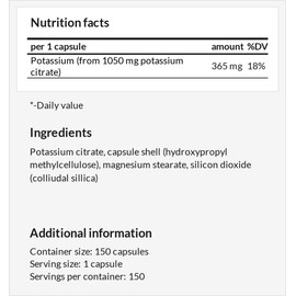Potassium 365 mg from Organic Form Potassium Citrate - 150 Vegan Capsules - 5 Months Supply - Diet Supplement to Maintain Normal Blood Pressure and Muscle Function - by MZ