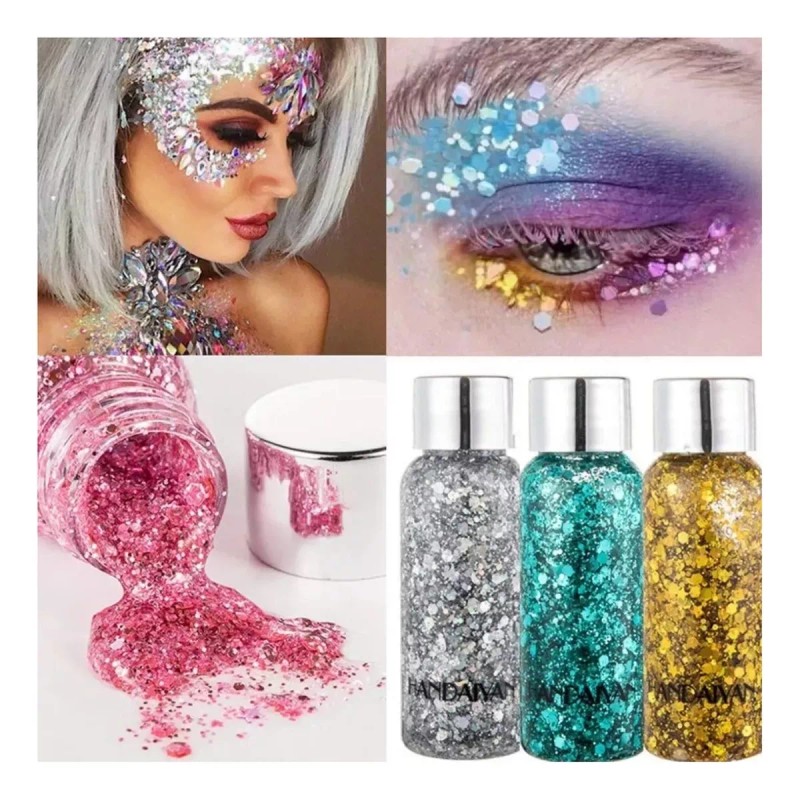Mafab 3 Pzs Body Glitter Maquillaje Cabello Cuerpo Brillos Colores