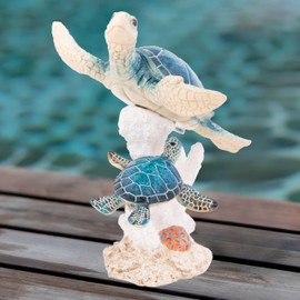 Sea Turtle Decor Figurine Blue Turtles Swimming on Coral Reef Base Beach House Coastal Decor