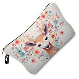 Livel lhood Floral Deer Makeup Bag Folk Art Painting Small Organizer Zipper Pouch Floral Deer Print Cosmetic Bag Present for Women Deer Lovers Friends