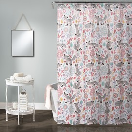 Lush Decor - Cortina de Ducha Pixie Fox, 72 Pulgadas de Ancho x 72 Pulgadas de Largo, Gris y Rosa, diseño Floral y Zorro, Cortina de Ducha Divertida para niños, decoración de baño Woodland Kids