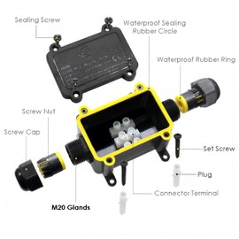 Tynoscco Waterproof IP68 External Junction Box,2-Way Outdoor Cable Connectors with 2 Cable M20 Gland Wire Connector Electrical Junction Box for 4-12 mm Diameter Cable, Black