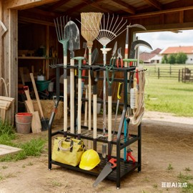 YIZAIJIA Garden Tool Organizer Holder Heavy Duty Steel Rack Up to 60 Long Handled Tools for Garage Shed Outdoor Garden Yard Black